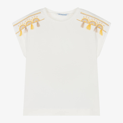 Shop Mayoral Girls Ivory Cotton Tasselled T-shirt