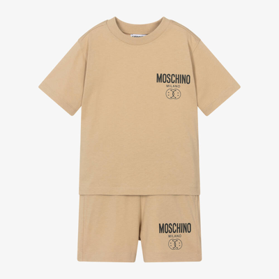 Shop Moschino Kid-teen Boys Beige Double Smiley Cotton Shorts Set