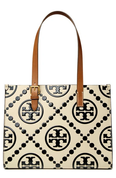Tory Burch Small T Monogram Contrast Embossed Tote In Black