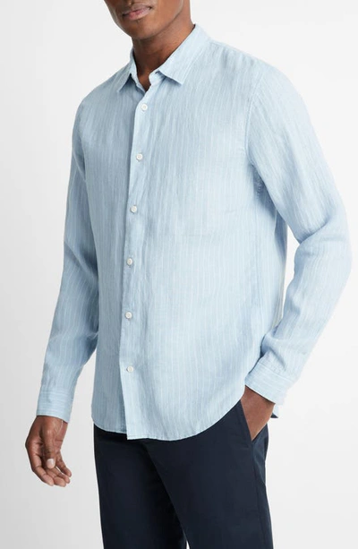 Shop Vince Bayside Stripe Linen Button-up Shirt In Lake Blue/ Optic White