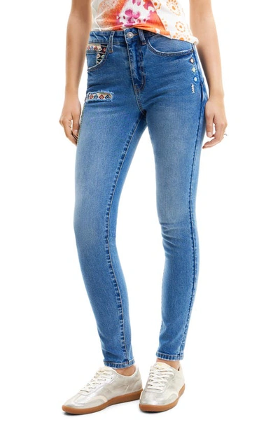 Shop Desigual Slim Embroidered Jeans In Blue