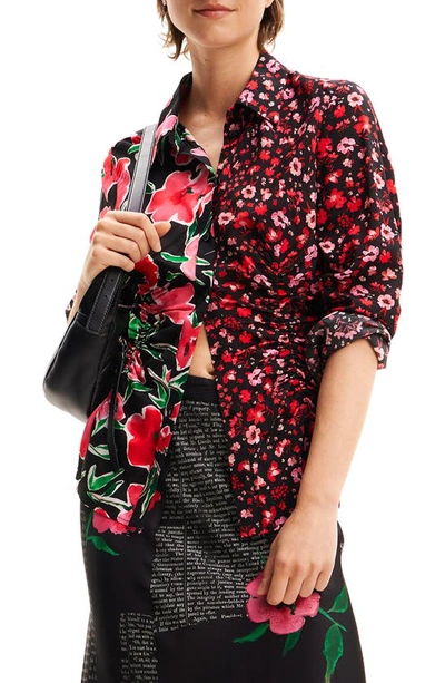 Shop Desigual Miln Floral Ruched Button-up Shirt In Red