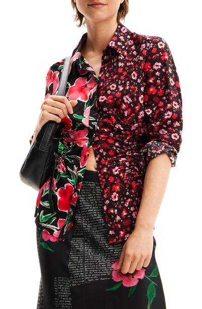 Shop Desigual Floral Gathered Shirt In Red