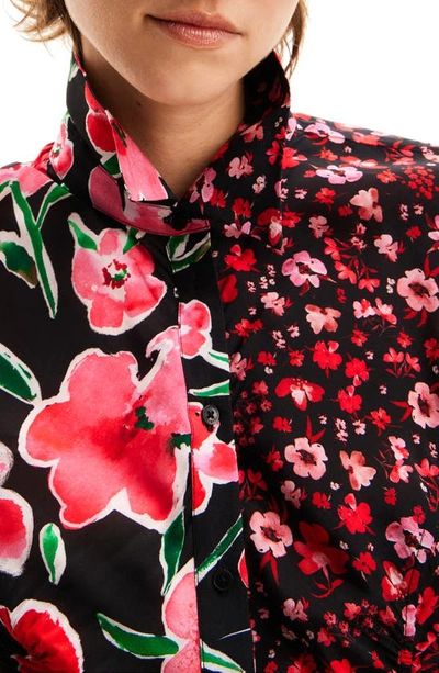 Shop Desigual Miln Floral Ruched Button-up Shirt In Red