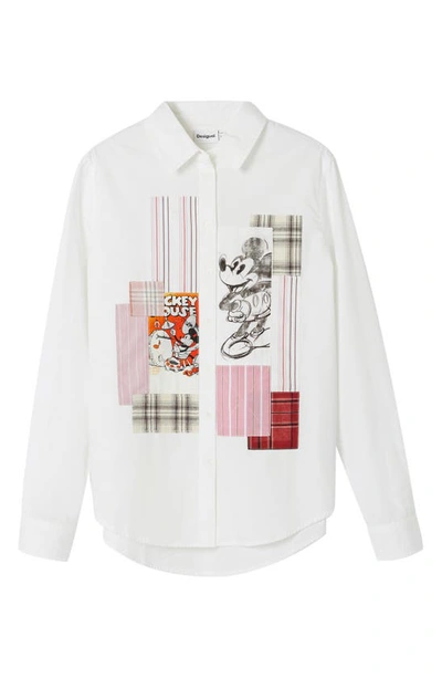 Shop Desigual Mickey Mouse Patchwork Cotton Button-up Shirt In White