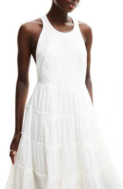 Shop Desigual Lacroix Embroidered Tiered Sleeveless Midi Dress In White