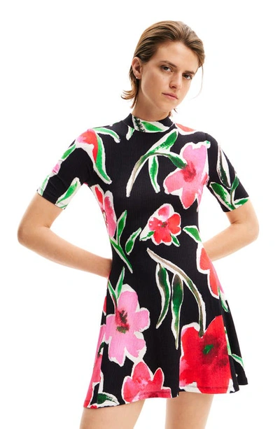 Shop Desigual Short Floral Skater Dress In Black