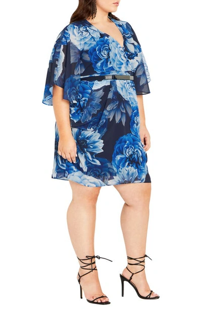 Shop City Chic Floral Print Belted Faux Wrap Dress In Navy Night Bloom