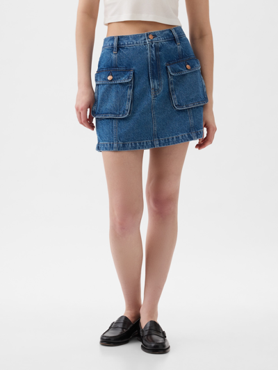 Shop Gap Denim Cargo Mini Skirt In Medium Indigo
