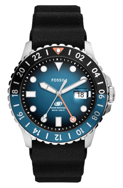 Shop Fossil Blue Gmt Silicone Strap Watch, 46mm In Black