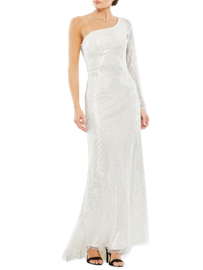 Shop Mac Duggal Women's Illusion Sequined Gown In White