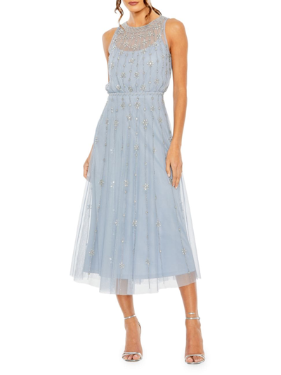 Shop Mac Duggal Women's Crystal-embellished Tulle Midi-dress In Powder Blue