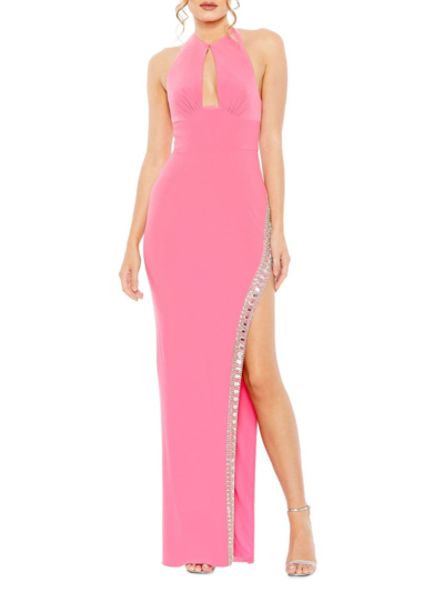 Shop Mac Duggal Women's Beaded Jersey Halterneck Gown In Candy Pink