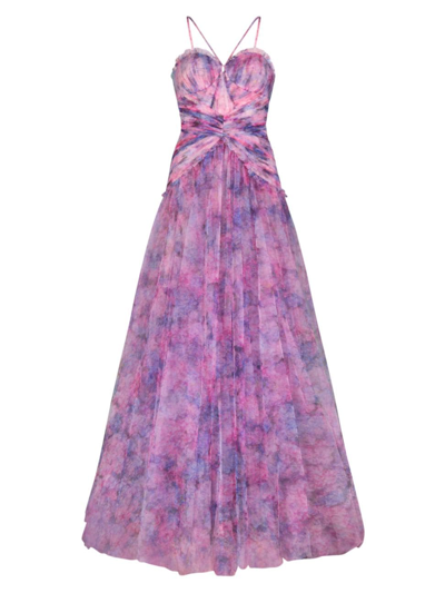 Shop Zac Posen Women's Pleated Halter Strap Tulle Gown In Pink Multi Floral