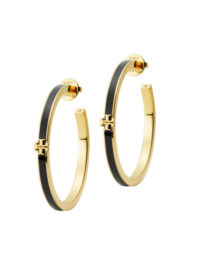 Shop Tory Burch Women's 18k Gold-plated & Enamel Kira Hoop Earrings In Tory Gold Black