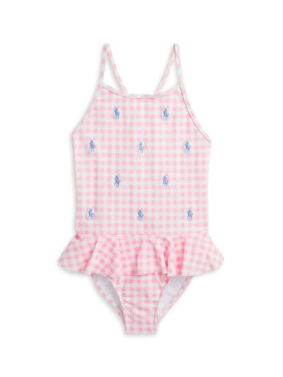 Shop Polo Ralph Lauren Little Girl's Gingham Pony Ruffle-trim One-piece Swimsuit In Carmel Pink Multi