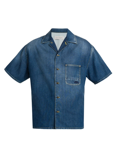 Shop Alexander Mcqueen Men's Denim Camp Shirt In Blue Washed