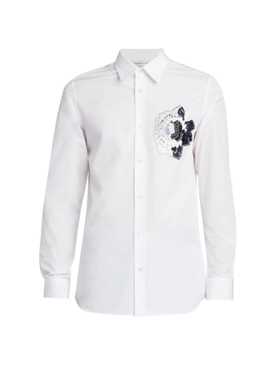 Shop Alexander Mcqueen Men's Flower-embroidered Cotton Button-front Shirt In Optical White