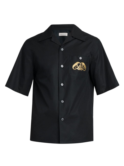Shop Alexander Mcqueen Men's Logo-embroidered Cotton Camp Shirt In Black