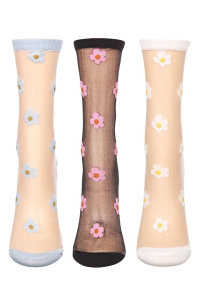 Memoi Daisy Assorted 3-pack Sheer Crew Socks In Black-white-gray
