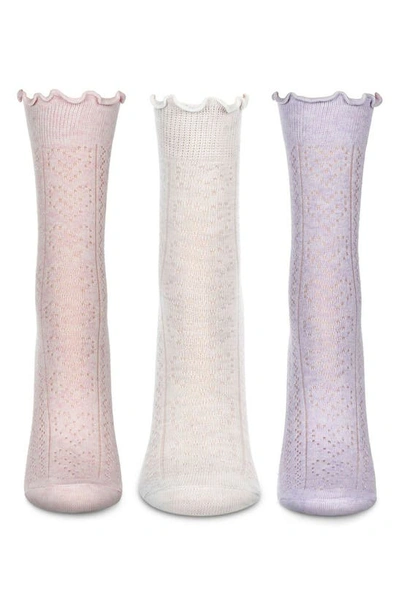 Shop Memoi Pointelle Assorted 3-pack Crew Socks In White-pink-gray