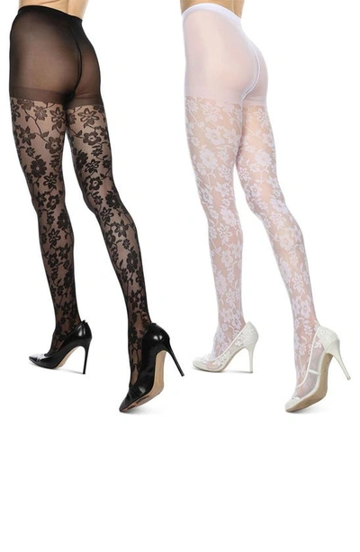 Shop Memoi Floral Assorted 2-pack Sheer Tights In Black-white