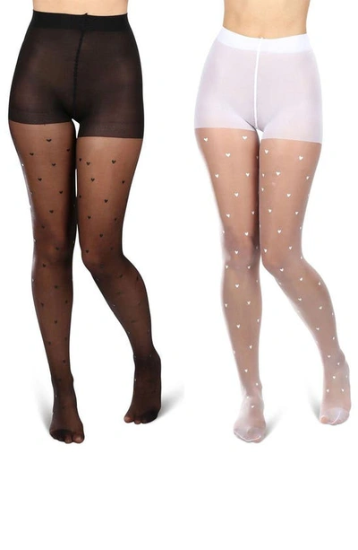 Memoi Mini Heart Assorted 2-pack Sheer Tights In Black-white