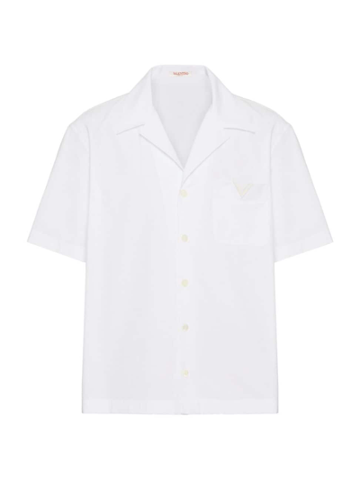 Shop Valentino Men's Cotton Poplin Bowling Shirt With Rubberized V Detail In White