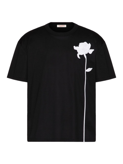 Shop Valentino Men's Mercerized Cotton T-shirt With Flower Embroidery In Black