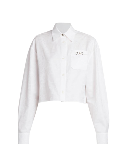 Shop Versace Women's Baroque Cotton-poplin Crop Shirt In Optical White