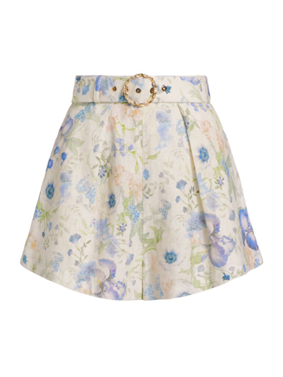 Shop Zimmermann Women's Natura Linen Floral Belted Shorts In Blue Garden Print