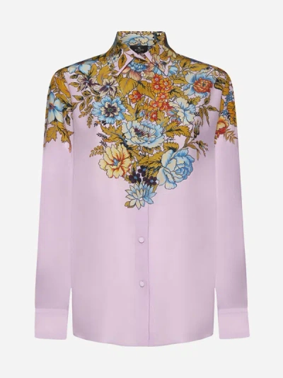 Shop Etro Floral Print Silk Shirt In Lilac,multicolor