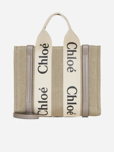 Shop Chloé Woody Linen Small Tote Bag In Musk Grey