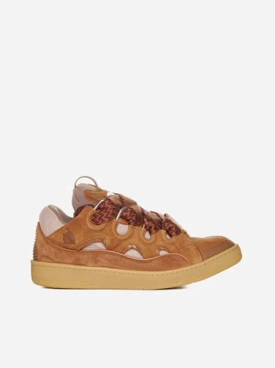Shop Lanvin Paris Curb Leather And Fabric Sneakers In Cumin