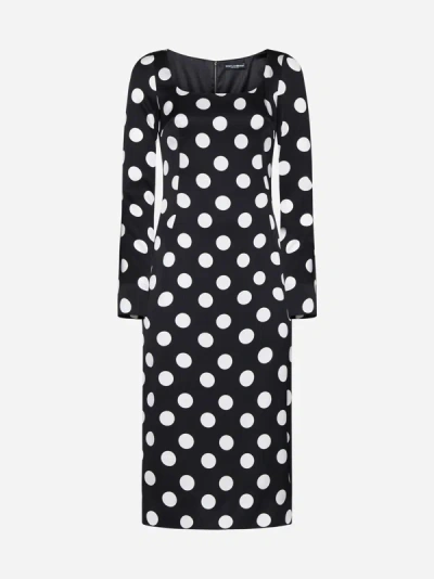 Shop Dolce & Gabbana Polka Dot Print Silk Midi Dress In Black,white