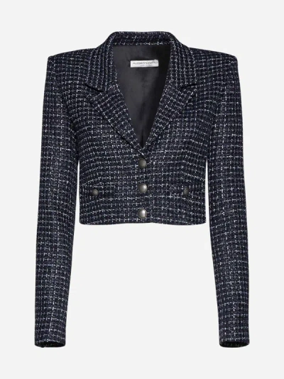 Shop Alessandra Rich Sequin Check Tweed Crop Blazer In Dark Blue