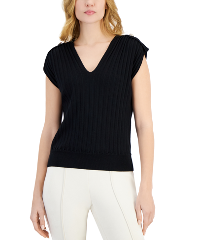 Shop T Tahari Women's V-neck Ribbed Button-shoulder Cap-sleeve Sweater In Black