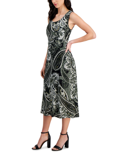 Shop Connected Women's Printed Round-neck Tie-back Midi Dress In Olive