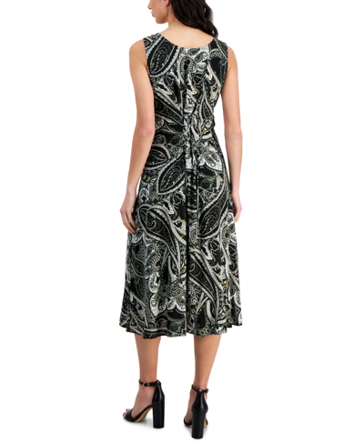 Shop Connected Women's Printed Round-neck Tie-back Midi Dress In Olive