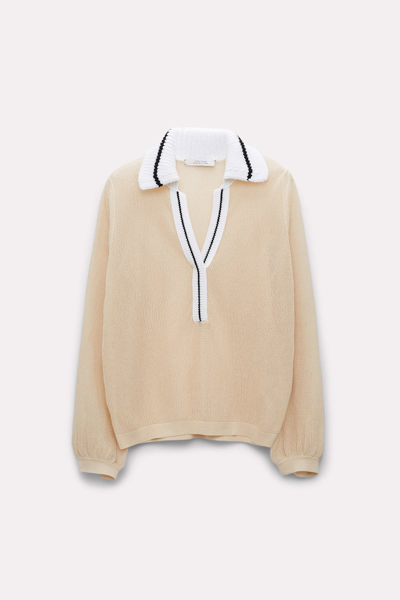 Shop Dorothee Schumacher Sheer Knit Cotton Mesh Polo-style Pullover With Contrast Trim In Beige