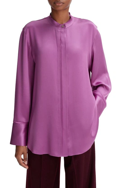 Shop Vince Raw Edge Silk Button-up Blouse In Dew Berry