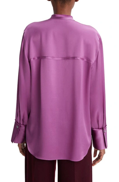 Shop Vince Raw Edge Silk Button-up Blouse In Dew Berry