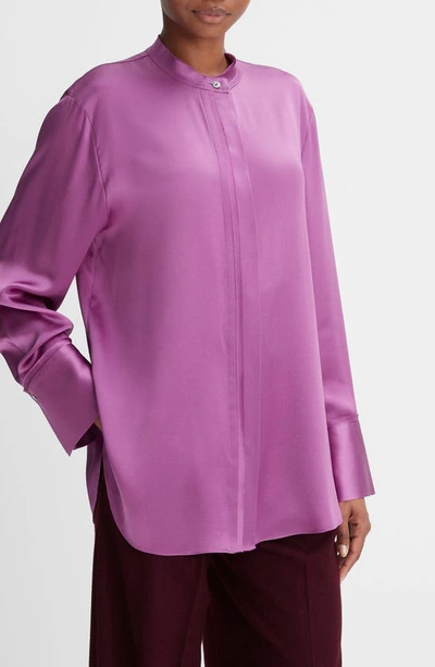 Shop Vince Raw Edge Silk Button-up Blouse In Dew Berry