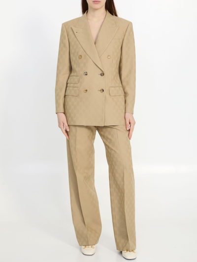 Shop Gucci Gg Jacquard Wool Trousers In Beige