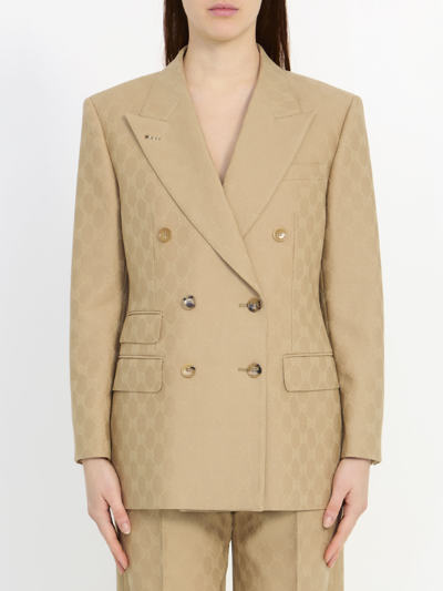 Gucci Gg-jacquard Double-breasted Blazer In Beige