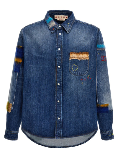 Shop Marni Embroidered Patch Detailed Denim Shirt In Blue