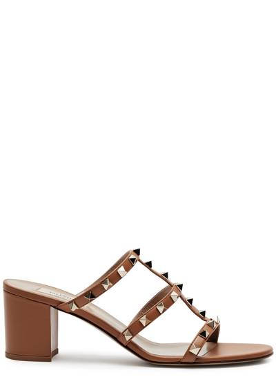 Shop Valentino Rockstud 60 Leather Mules In Tan