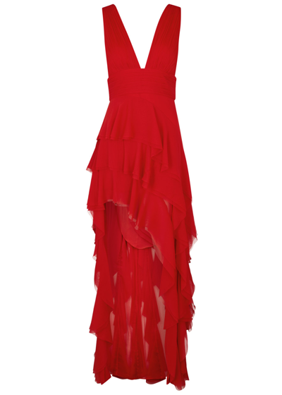 Shop Alice And Olivia Holly Asymmetric Ruffled Chiffon Maxi Dress In Red