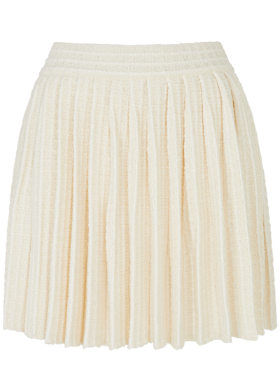 Shop Self-portrait Sequin-embellished Pleated Tweed Mini Skirt In Cream