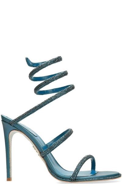 Shop René Caovilla Embellished Spiral Strap Heeled Sandals In Blue